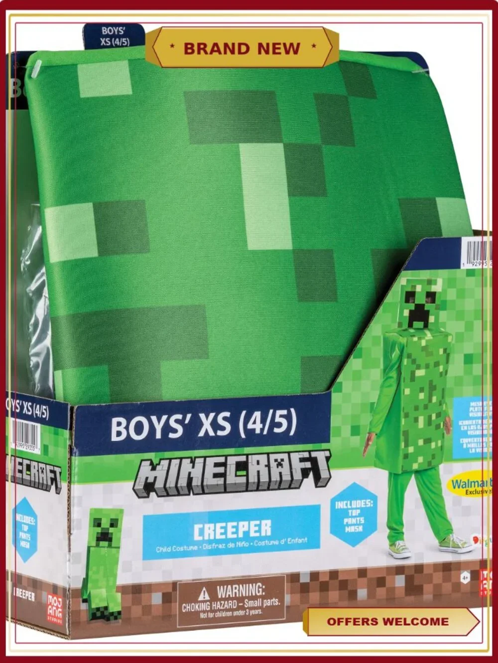 Minecraft Creeper Halloween Costume Kids Boys XS 4/5 Disguise Top Pants Mask